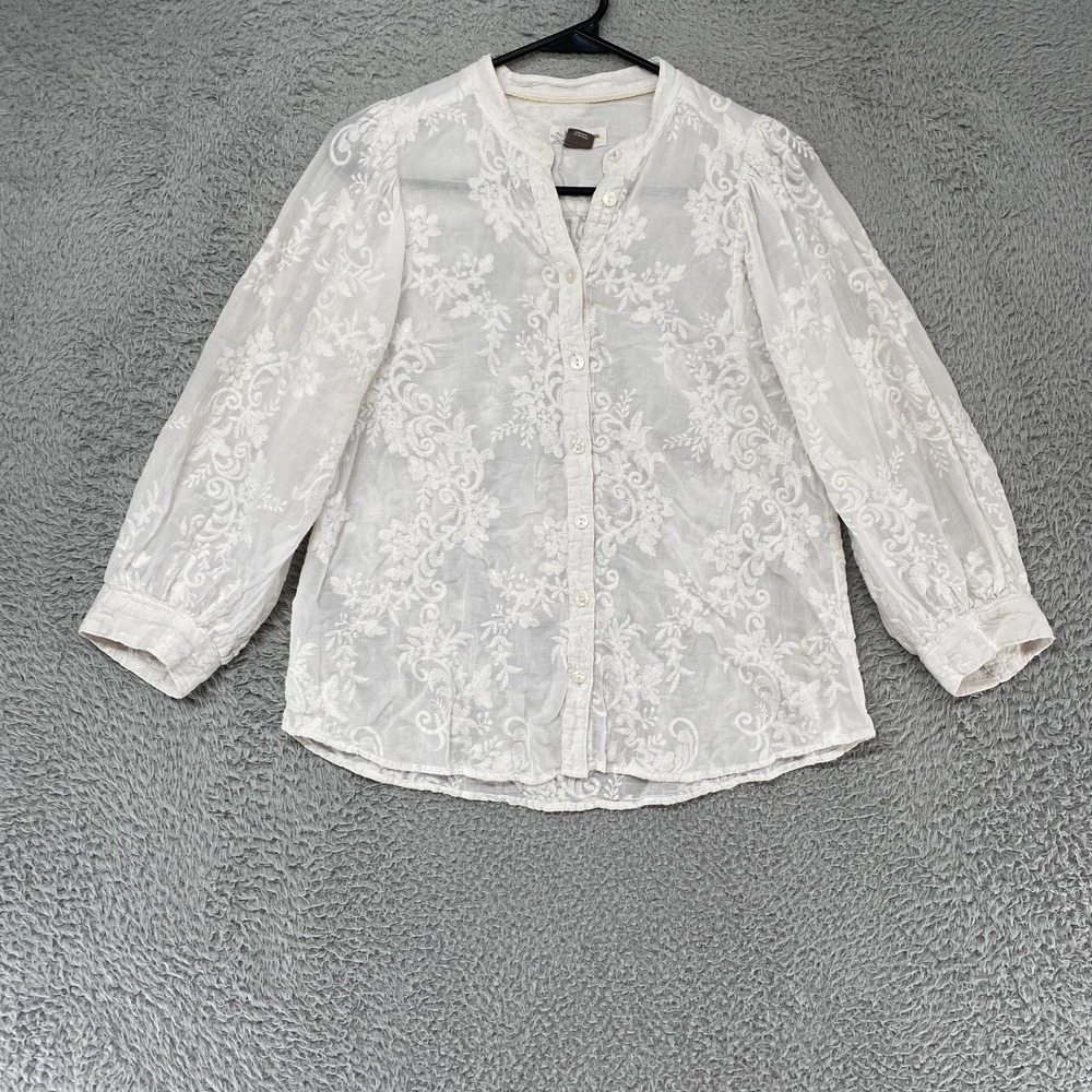 Pilcro Anthropologie Blouse Womens Small White Sheer Embroidered Boho Top - Picture 1 of 13